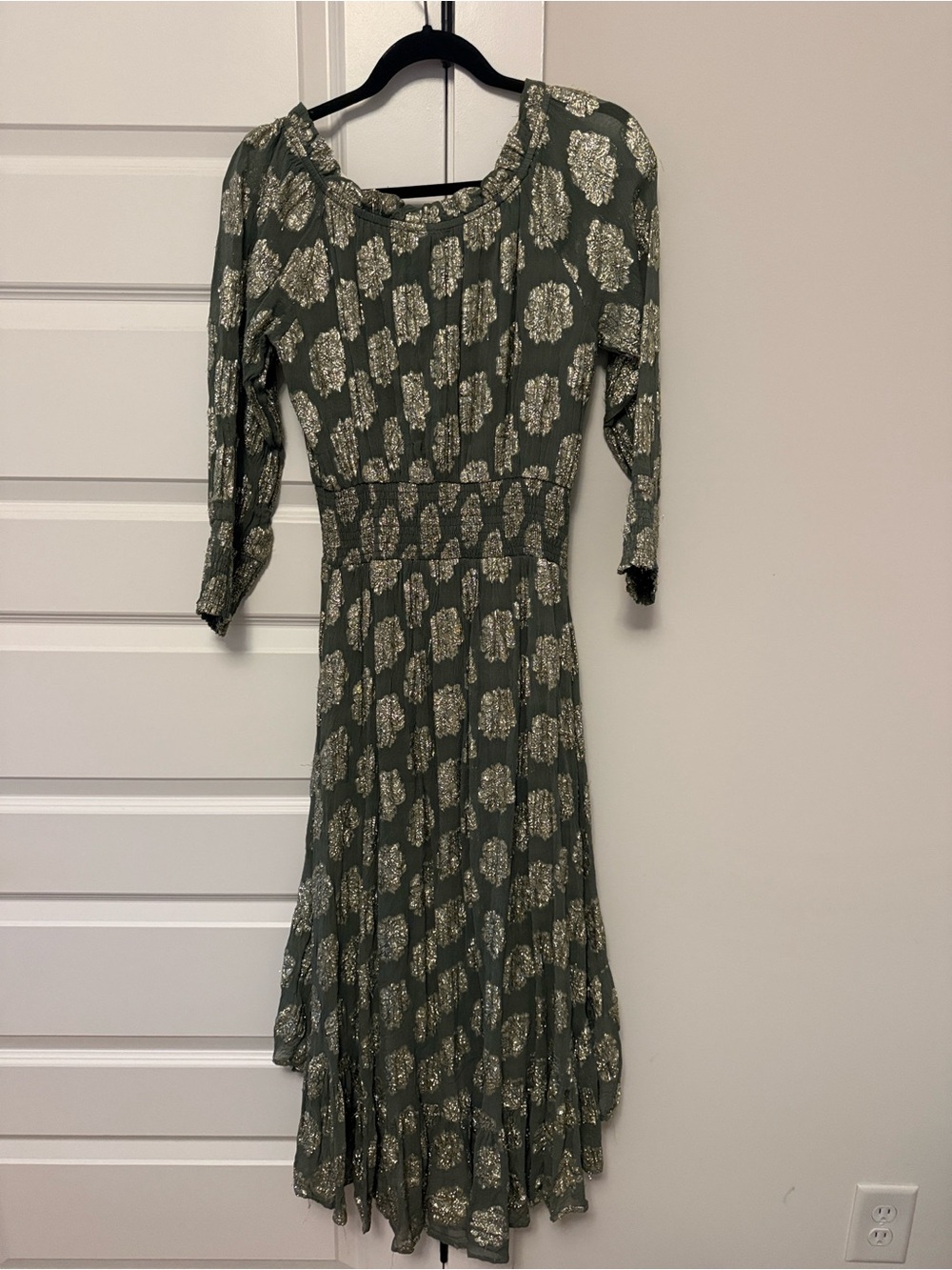 Smocked Waist Olive Green Floral Maxi Dress
